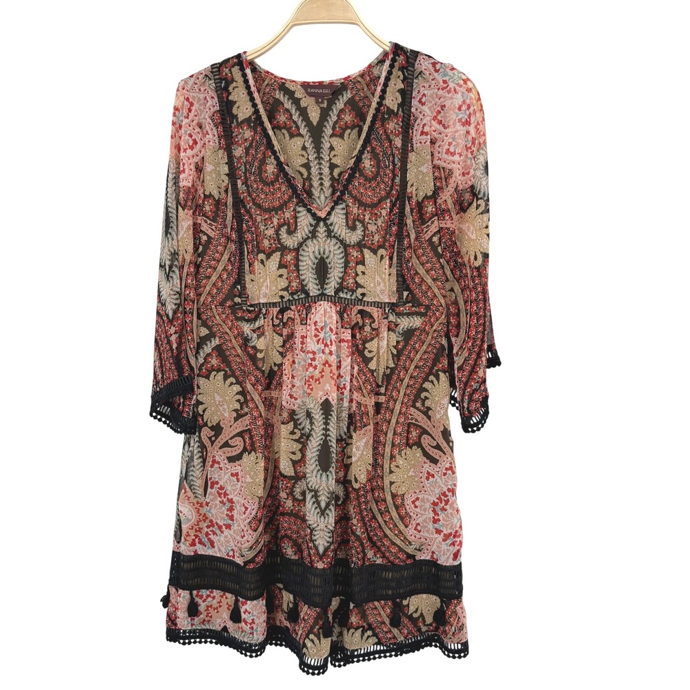 Ranna Gill Paisley Mini Dress Womens 8 Multicolor Boho Tassel Trim V-Neck